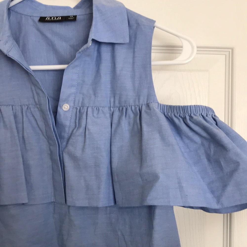 Off Shoulder Ruffle Button Collar Blouse Blue - Picture 3 of 5